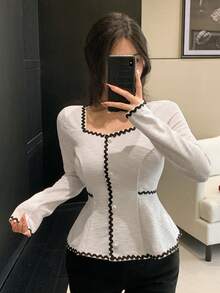 DAZY Abito da donna per primavera/estate, nero con blocchi di colore a contrasto, collo quadrato, adatto per feste, matrimoni, banchetti, balli; Camicetta bianca elegante e alla moda con maniche a volant, adatta per l'ufficio; Giacca regolare - Beige - Visualizzare 6