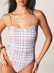 MISSGUIDED Plaid Check Print One Piece Swimsuit With Straight Across Neckline And Ruched Detailing For Beach Vacation Summer Holiday Pool - Multicolor - View 5