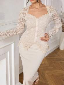 Modelyn Plus Size Women Square Neck Lace Patchwork Button Waist Bodycon Dress - Apricot - View 5