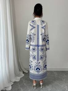Al Najma 女士宽松印花长袖阿拉伯风格连衣裙 - 藍色 - 查看 2
