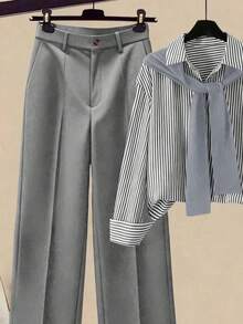 Franclia 2pcs/Set Women's Striped Shawl Collar Shirt And High Waist Wide Leg Pants, Spring/Autumn,Women Dark Grey Casual Striped Long Sleeve Blouse And Long Pants Two-Piece Set With Collar. - Dark Grey - View 3