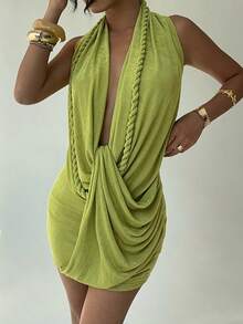 Aloruh Vestido sexy con espalda descubierta y drapeado trenzado, adecuado para vacaciones de primavera/verano - Verde - Ver 4