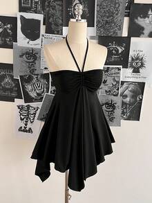 Attitoon Women's Solid Color Halter Tie Ruched Asymmetrical Hem Fashionable Versatile Blouse For Dates & Outings - Black - View 5