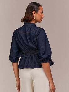 COSMINA Women's V-Neck Ruched Casual Versatile Date Everyday Denim Top - Dark Wash - View 2