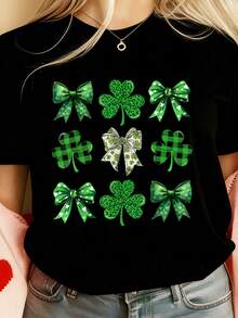 EMERY ROSE 三叶草蝴蝶结图案圆领加大码短袖T恤 - 黑色 - 查看 1