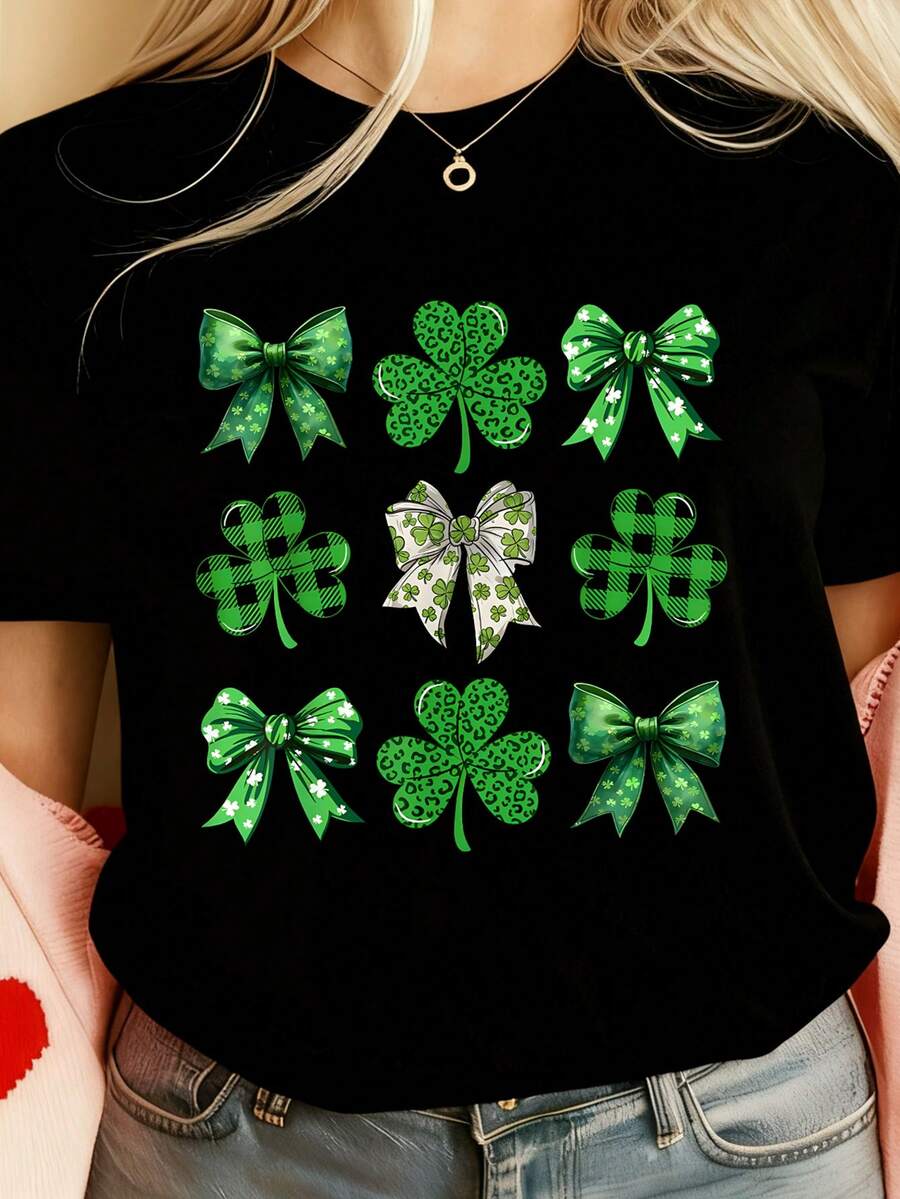 EMERY ROSE 三叶草蝴蝶结图案圆领加大码短袖T恤 - 黑色 - 查看 1