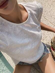 Livesso Women's Loose Fit T-Shirt With Textured White Puff Sleeves, Summer - White - View 1