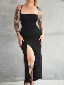 Arliah Slim Fit Sexy High Slit Cross Strap Tie Up Long Dress For Women - Black - View 6
