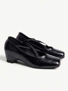 CUCCOO CHICEST Women's Square Toe PU Leather Criss-Cross Strap Ballet Shoes, Black, Minimalist & Versatile For Daily Wear And Commute Wedding Shoes Spring Shoes Bride Shoes - Black - View 2