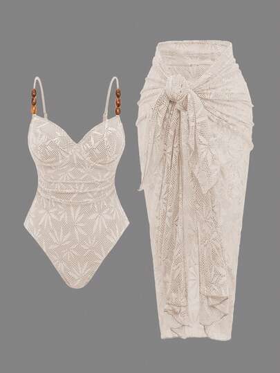 Swim Oasis 2件套夏季度假性感钢圈露背细肩带女士连体泳衣和纱笼长裙