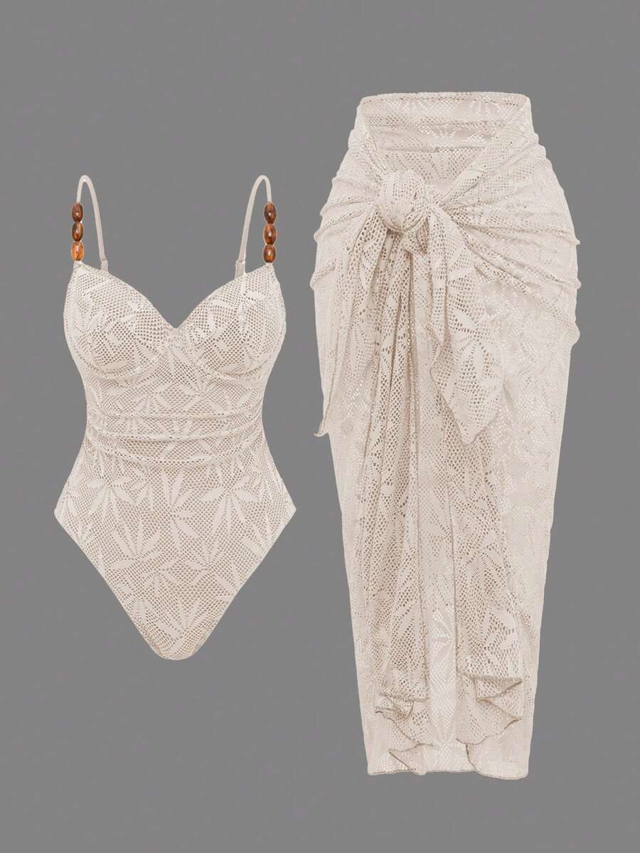 Swim Oasis 2pcs/Set Summer Vacation Sexy Underwire Backless Spaghetti Strap Women One-Piece Swimsuit & Sarong Maxi Skirt - Apricot - View 1