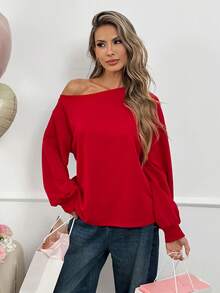 Easowa Women's Loose Off-Shoulder Long Sleeve Red Sweatshirt, Suitable For Valentine's Day And Casual Daily Wear, Spring/Summer Plain/Casual - Red - View 2
