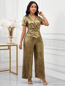 SHEIN Lady 女士纯色裹身短袖上衣和褶皱阔腿裤优雅两件套 - 金色 - 查看 6