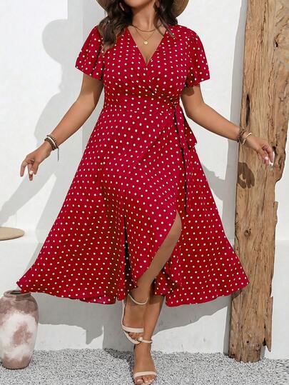 Breezaya Plus Size Summer Casual Vacation Polka Dot Print Waist Tie Dress Women Vacation Dresses Women's Polka Dot Dress Red Polka Dot Dress Wrap Dress Polka Dot Dress