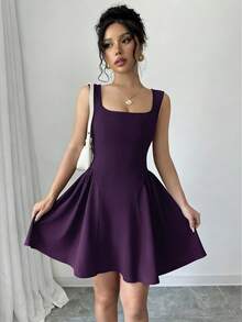 Selianne 新款女士连衣裙，方领无袖A字褶皱下摆，高弹力纹理面料，纯色，时尚年轻修身款式，通勤休闲百搭，收腰显瘦，适合春、夏、秋、冬四季穿着，优雅精致的意式连衣裙 - 中紫紅色 - 查看 3