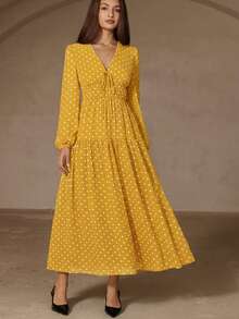 Revavyn Đầm chiffon dài tay, cổ chữ V chấm bi cổ điển, dáng suông, thanh lịch, thắt nơ phía trước, chất liệu 18g. - Màu vàng - Xem 3