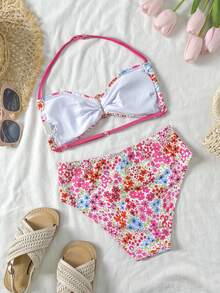 SHEIN Áo hai dây bikini họa tiết hoa nhí cho bé gái tuổi teen, thích hợp cho kỳ nghỉ hè ở bãi biển, với khóa kim loại trang trí. - Nhiều màu - Xem 2