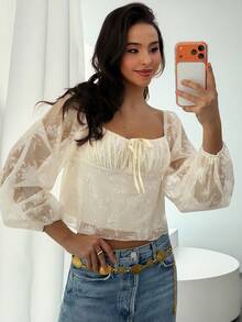 Aloruh White Romantic Date New Flocked Long Sleeve Square Collar Tie Front Fitted Women Shirt, Autumn/Winter - White - View 7