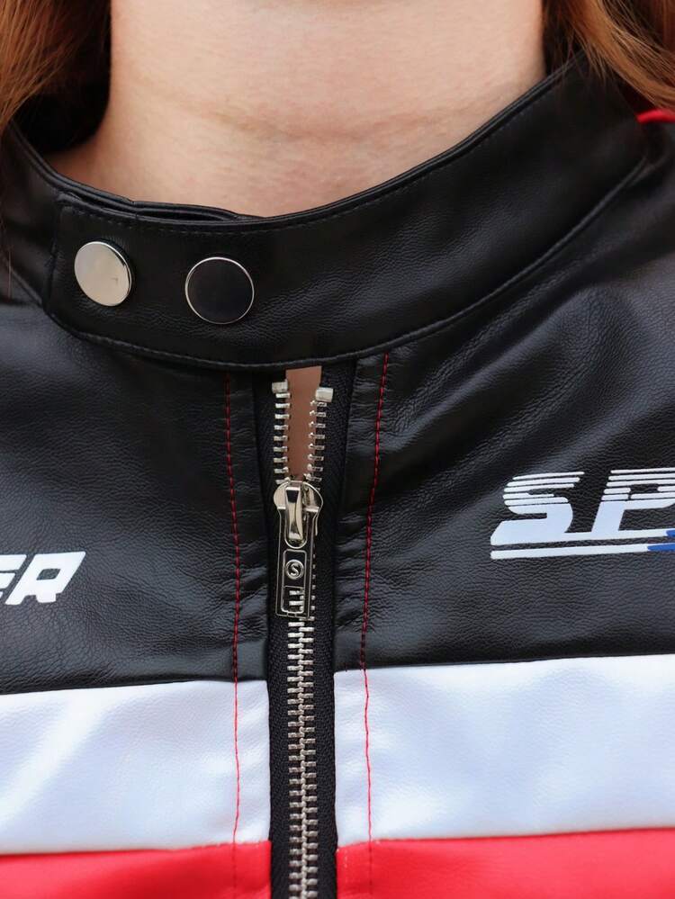 SILVIA DI SANTO 女式字母图案拼色短款 PU 皮夹克，摩托车/赛车/飞行员夹克，秋冬多功能外套赛车夹克女式赛车夹克女式红黑赛车夹克女式摩托夹克女式赛车夹克；皮革赛车夹克 - 彩色 - 查看 5