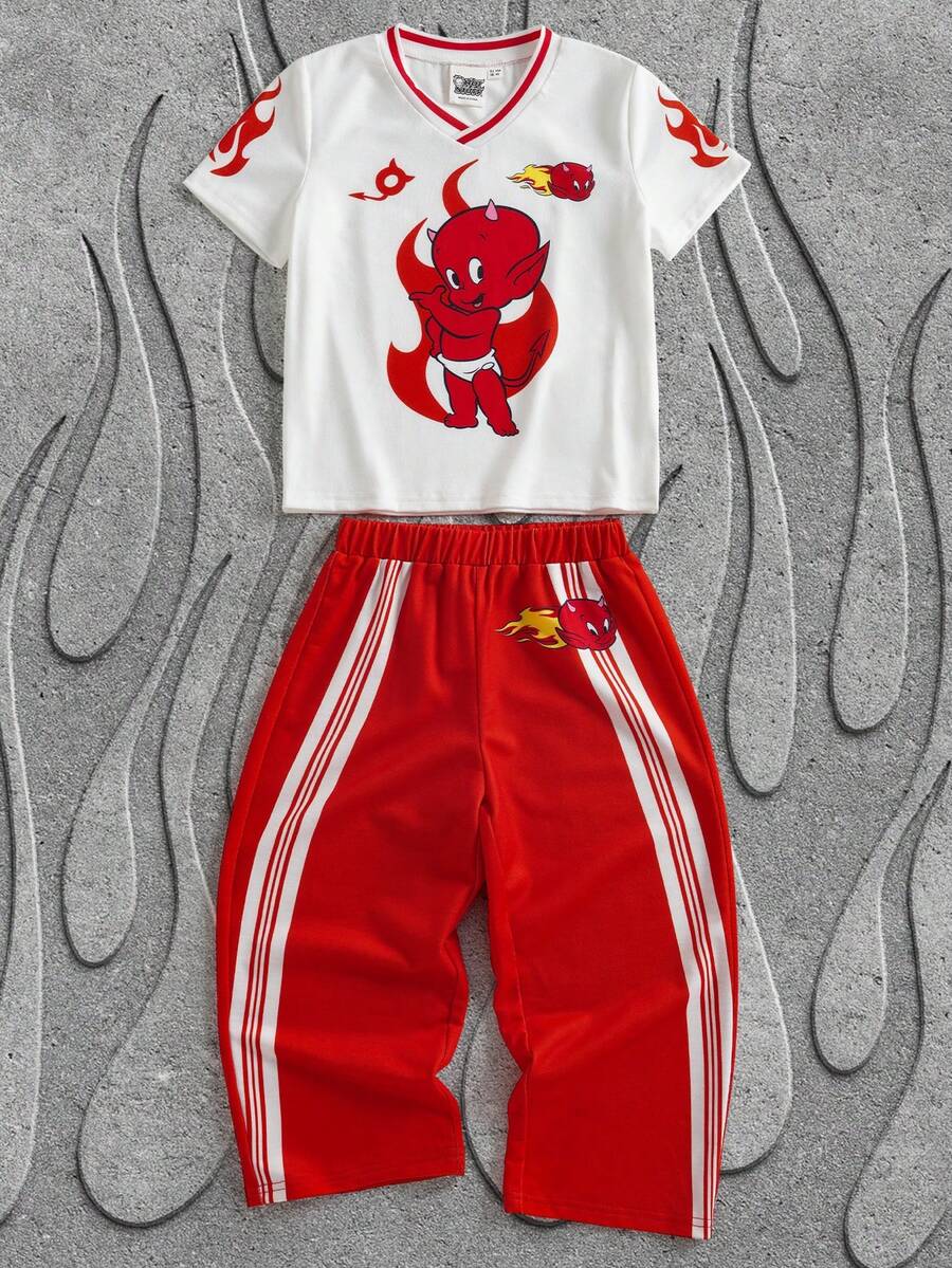 SHEIN HOT STUFF Young Boy Cartoon Pattern V-Neck Short Sleeve T-Shirt And Shorts Set, Summer - Red - View 1