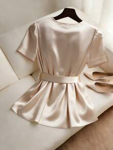 GlowEve Satin + Cinched Waist V-Neck Elegant Short Sleeve A-Line Blouse - Apricot - View 2