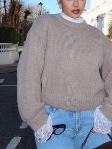 NegzBox Autumn New Loose Casual Lace Patchwork Women Sweater - Brown - View 6