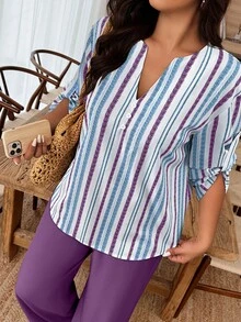 Breezaya Set de 2 piezas Traje de mujer talla grande con parte superior de estampado floral de cuello con muesca y mangas con botones en contraste de color y Bottom de unicolor, estampado aleatorio - Multicolor - Ver 6