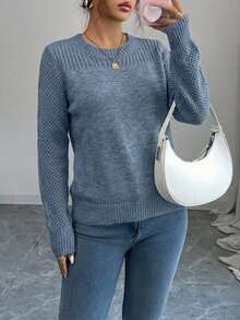 EURMUSE Casual Solid Color Crew Neck Sweater, Autumn/Winter - Dusty Blue - View 4