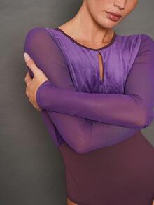 Activina Women's Velvet Round Neck Long Sleeve Fitted Hollow Out Sheer Ballet Leotard - Purple - View 7