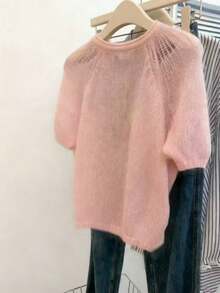 SHEIN Blusa de punto de cuello redondo de manga corta clásica - Rosa - Ver 2