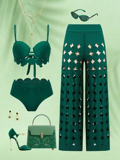 Swim Oasis Conjunto de 3 piezas premium verde para mujer, sujetador con copa rígida y recorte floral circular láser, elegante conjunto de resort verde de dos piezas, conjunto de mujer para verano, conjunto de bikini verde