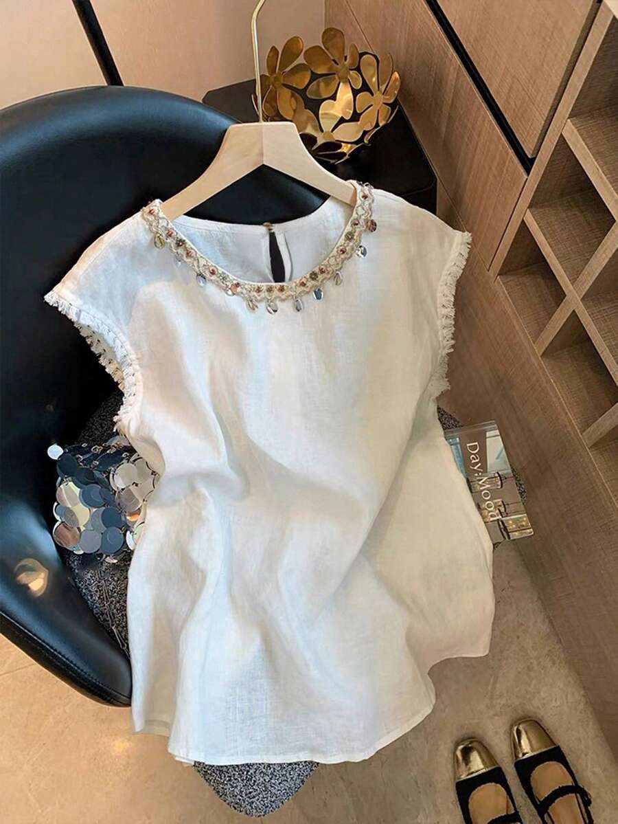 INAWLY Women's Casual Pendant Decorated Tank Top, Summer - White - View 1