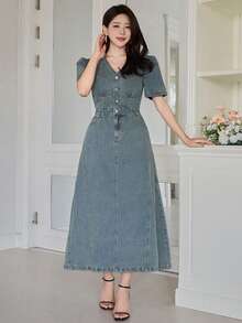 DAZY 女士休闲水洗泡泡袖牛仔连衣裙，夏季 - 藍色 - 查看 3