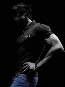 GymBeat 男士休闲印花短袖运动Polo衫 - 黑色 - 查看 4