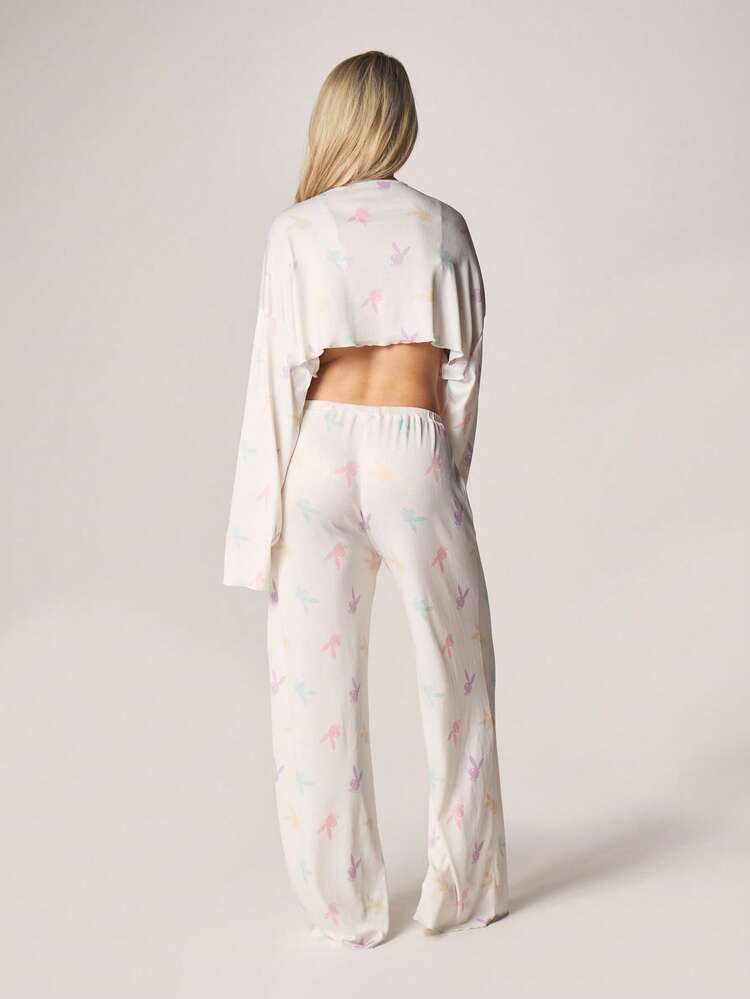 Missguided x Playboy Printed Pajama Set Long Sleeve Button Front Crop Top With Matching Wide Leg Lounge Pants Comfort Sleepwear