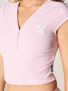 Missguided x Playboy Ribbed Knit Short Sleeve Crop Top And Wide Leg Lounge Pants Two Piece Coordinated Set For Comfort Relaxation Home Leisure Casual Wear - Pink - View 2