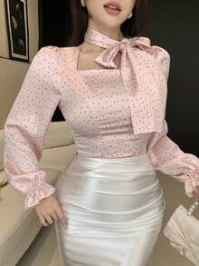 DAZY Spring/Summer Polka Dot Print Chiffon Blouse With Tie Neck, Bow Tie, Pink, Elegant For Casual, Wedding, Commute, Flounce Hem, Long Sleeve, Women - Pink - View 5