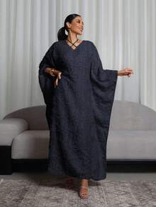 Al Najma V-Neck Criss-Cross Tie Design Elegant Laser Cut Fabric Long Sleeve Maxi Dress, Turkish & Arabic Traditional Abaya - Navy Blue - View 1