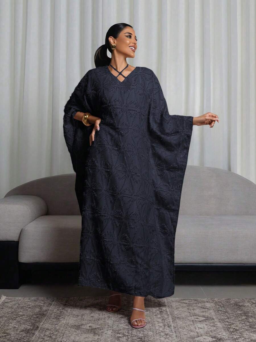 Al Najma V-Neck Criss-Cross Tie Design Elegant Laser Cut Fabric Long Sleeve Maxi Dress, Turkish & Arabic Traditional Abaya - Navy Blue - View 1