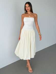 Aloruh Women's Apricot Elegant Romantic Modern Fashionable Date Night Dinner Daily Commute Fitted Waist Ruched Strapless Dress, Spring/Summer - Apricot - View 5