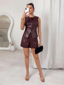 Lavishia 女士街头时尚PU皮背心短裤两件套 - 酒紅色 - 查看 6