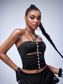 Y2Kool BiGraphic Women's Solid Color Pleated Hollow Out Design Fashionable Versatile Tube Top - Black - View 8