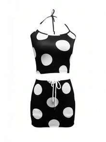 SHEIN EZwear 女士黑白撞色波尔卡圆点吊带上衣和荷叶边下摆短裙 2 件套 - 彩色 - 查看 1
