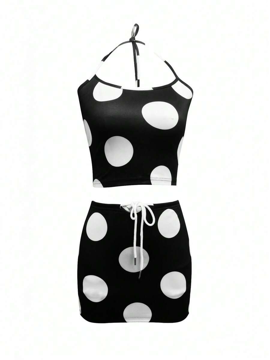 SHEIN EZwear 女士黑白撞色波尔卡圆点吊带上衣和荷叶边下摆短裙 2 件套 - 彩色 - 查看 1