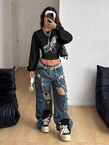 Coolane 休闲简约摇滚朋克复古时尚手势印花图案女式卫衣，Y2K风格，适合外出、街头、机场、音乐节、健身等场合穿着。 - 彩色 - 查看 4