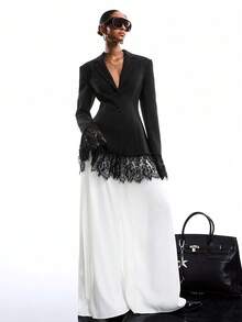 LYSMO 女士时尚蕾丝拼接单排扣翻领西装外套 - 黑色 - 查看 1