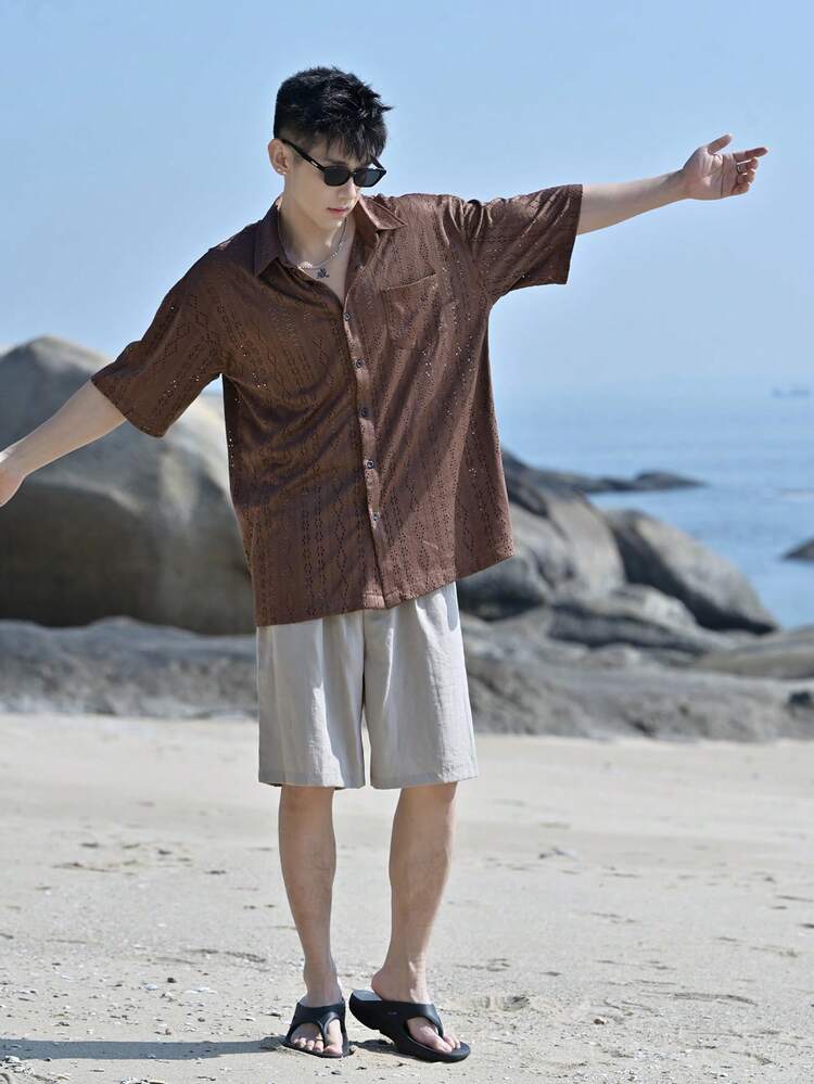 Men's Solid Color Hollow Lapel Single-Breasted Casual Versatile Summer Travel Short Sleeve Shirt