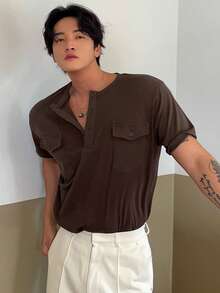 DAZY Men's Short Sleeve Pocket Design Half-Placket Crew Neck Brown T-Shirt, Summer - Brown - View 3