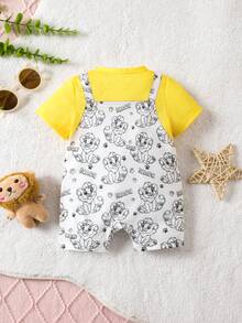 SHEIN Bộ áo liền quần tay ngắn in hình hoạt hình phối màu dễ thương cho bé trai/bé gái sơ sinh, thích hợp cho mùa hè. - Màu vàng - Xem 3