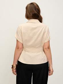 Comfylo Plus Size Simple Versatile Wrap Tie Casual Short Sleeve Shirt Carnival Party Luxury Valentine's Day, Summer Tops - Khaki - View 6